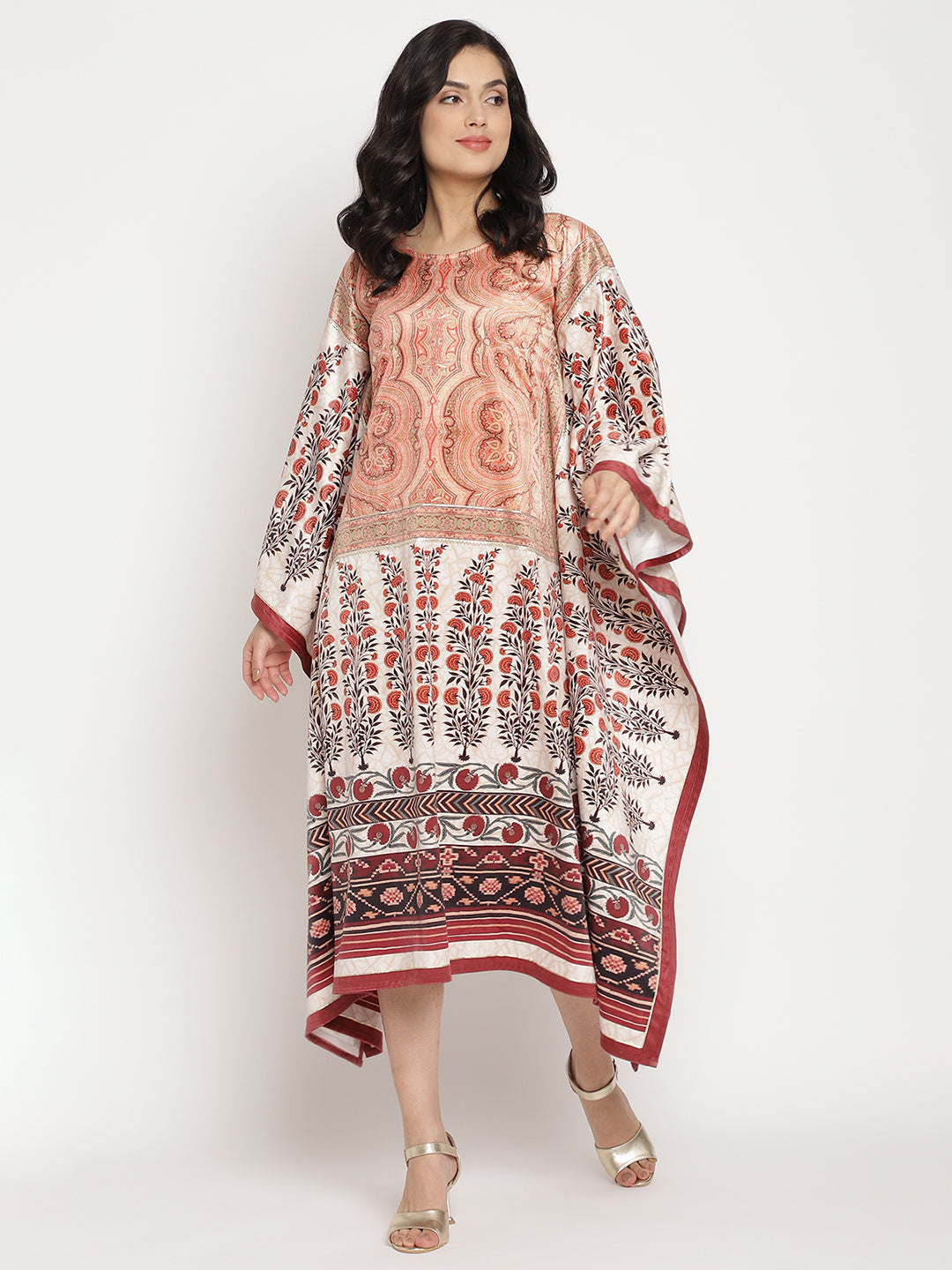 Ahalyaa Women's Beige Color Digital Print Velvet Kaftan