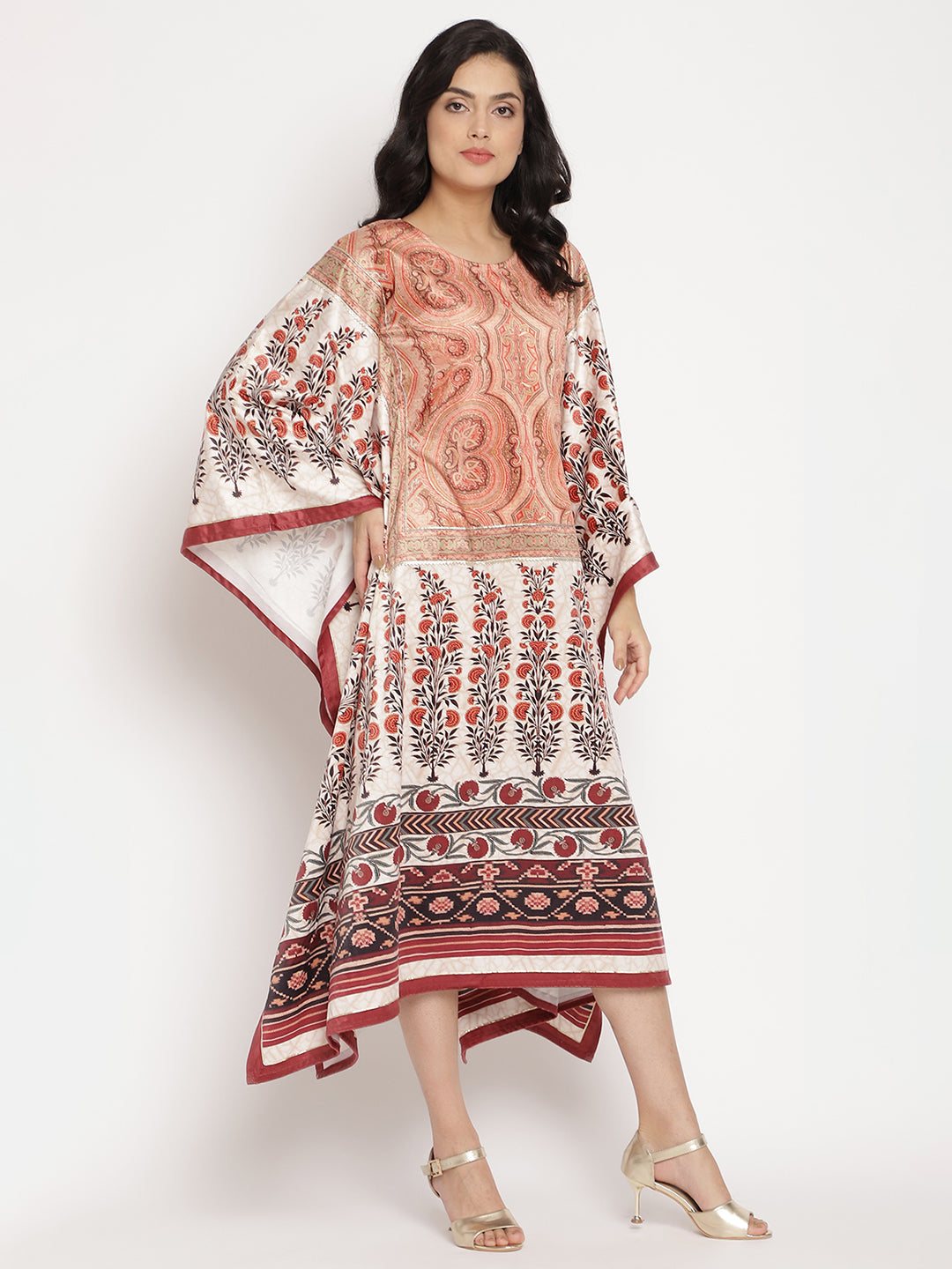 Ahalyaa Women's Beige Color Digital Print Velvet Kaftan