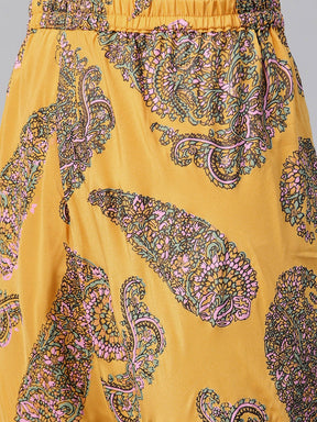 Mustard Yellow & Pink Paisley Print Kurta with Churidar