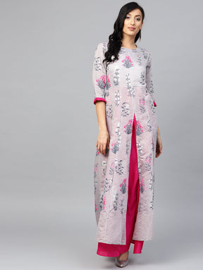 Grey & Pink Floral Printed Layered Maxi Dress