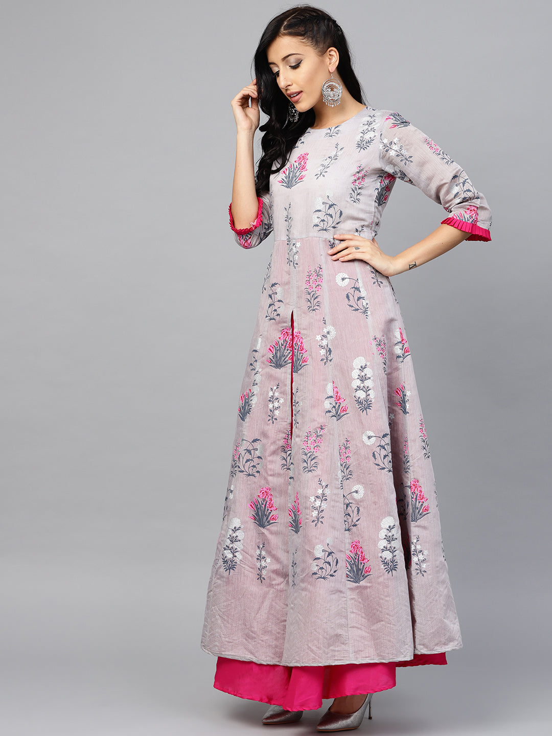 Grey & Pink Floral Printed Layered Maxi Dress