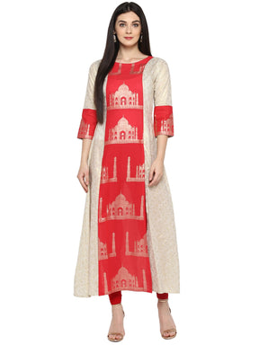 Off White & Red Kurta with Taj Mahal Print and Brocade Look