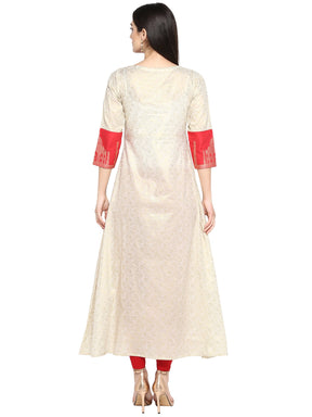 Off White & Red Kurta with Taj Mahal Print and Brocade Look