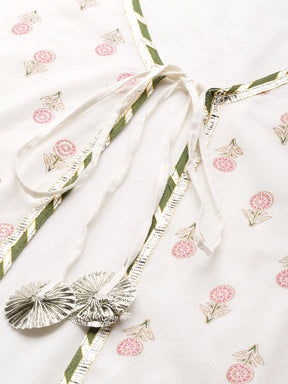 Off White & Pink Floral Print A-Line Pure Cotton Midi Dress