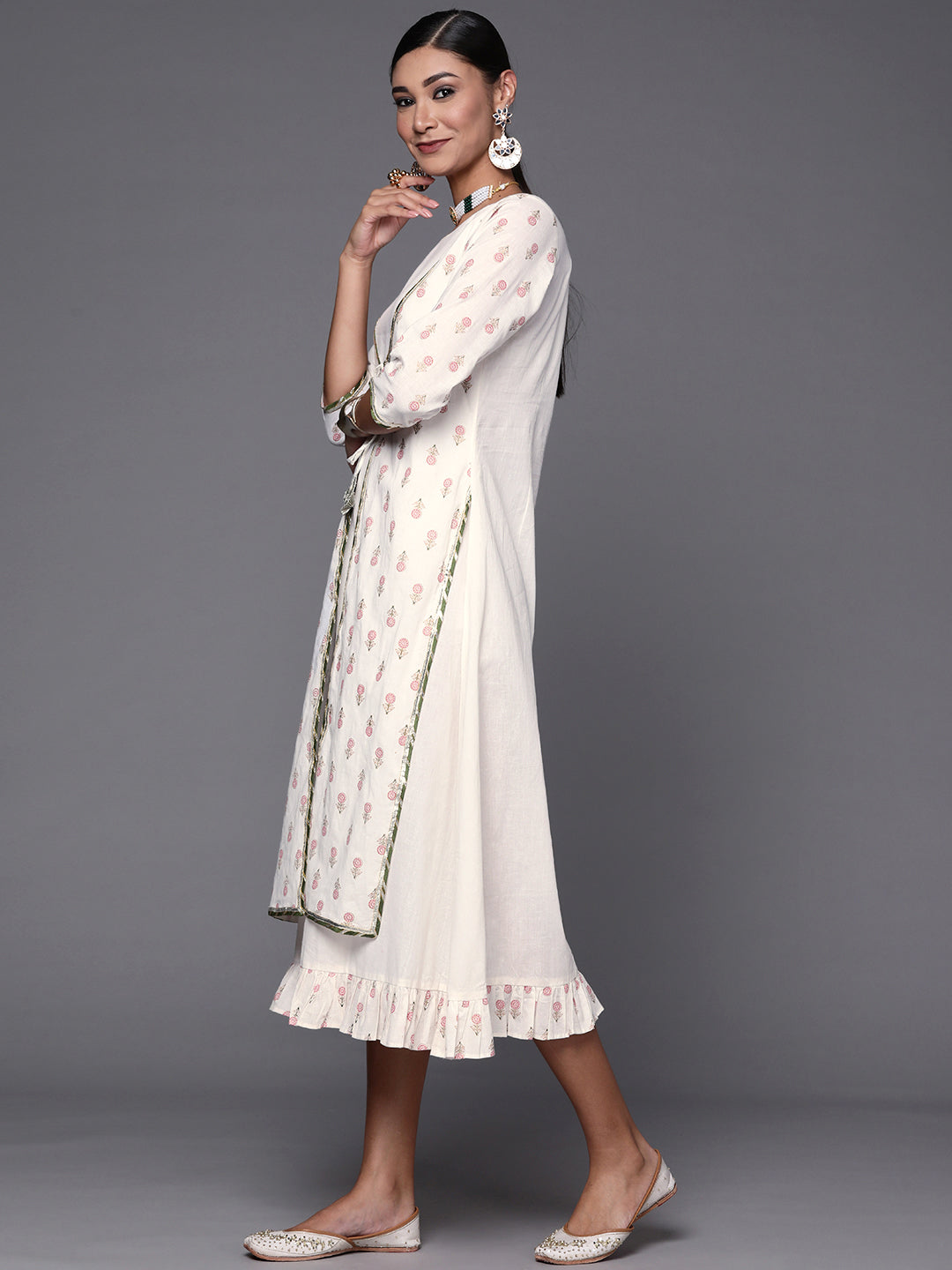 Off White & Pink Floral Print A-Line Pure Cotton Midi Dress