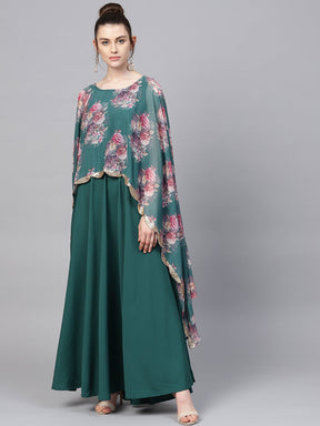 Green Double Layer Cape Style Ethnic Dress