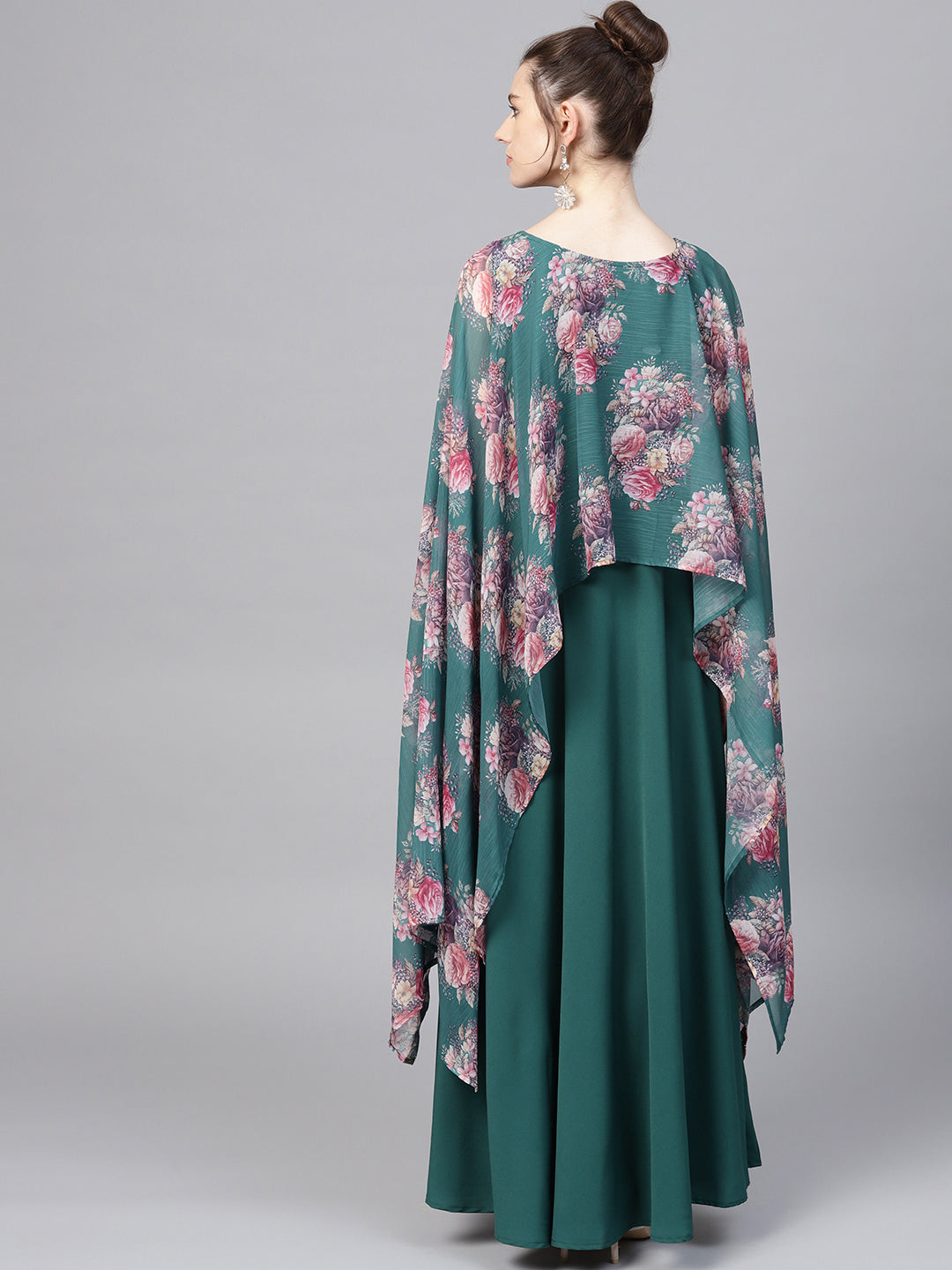 Green Double Layer Cape Style Ethnic Dress