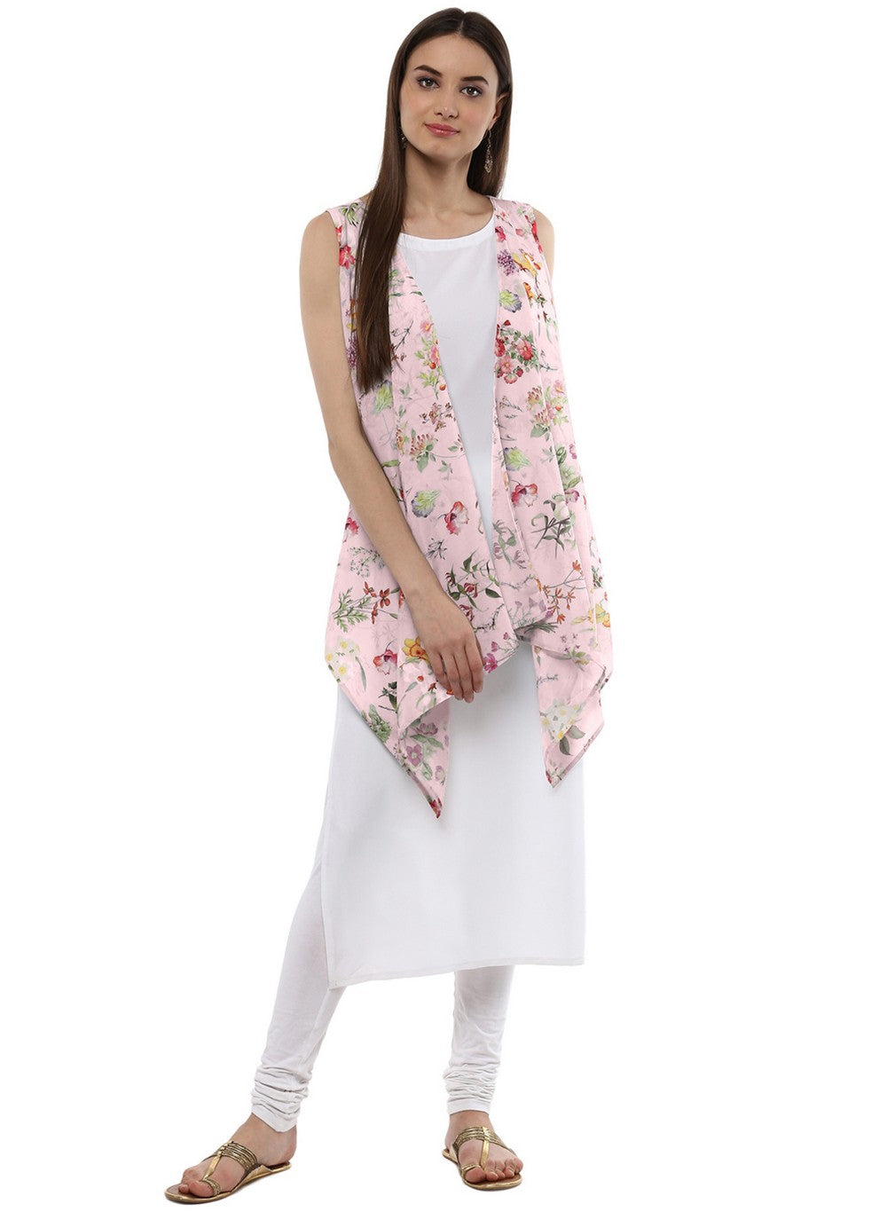 White & Pink Floral Scarf Cape attached Straight Kurta