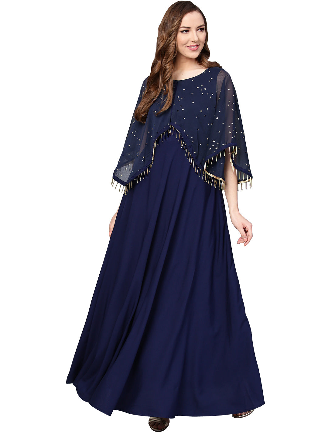 Women Navy Blue Solid A-Line Layered Kurta from Ahalyaa