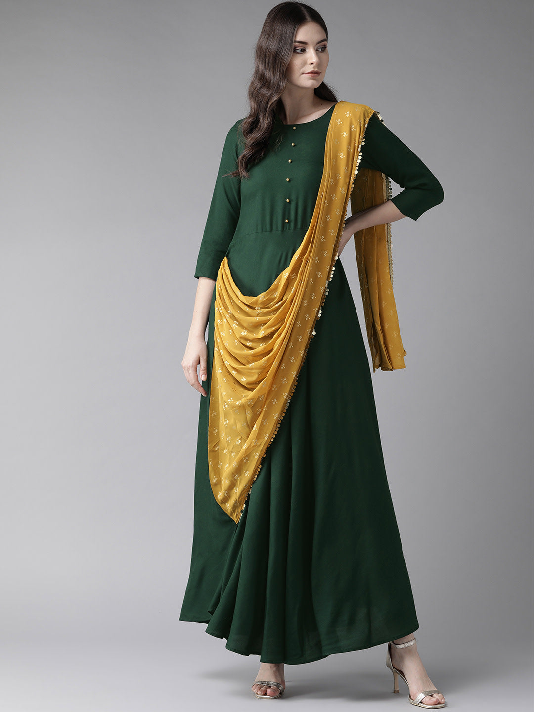 Women Green & Mustard Yellow Solid Maxi Dress With Attached Dupatta