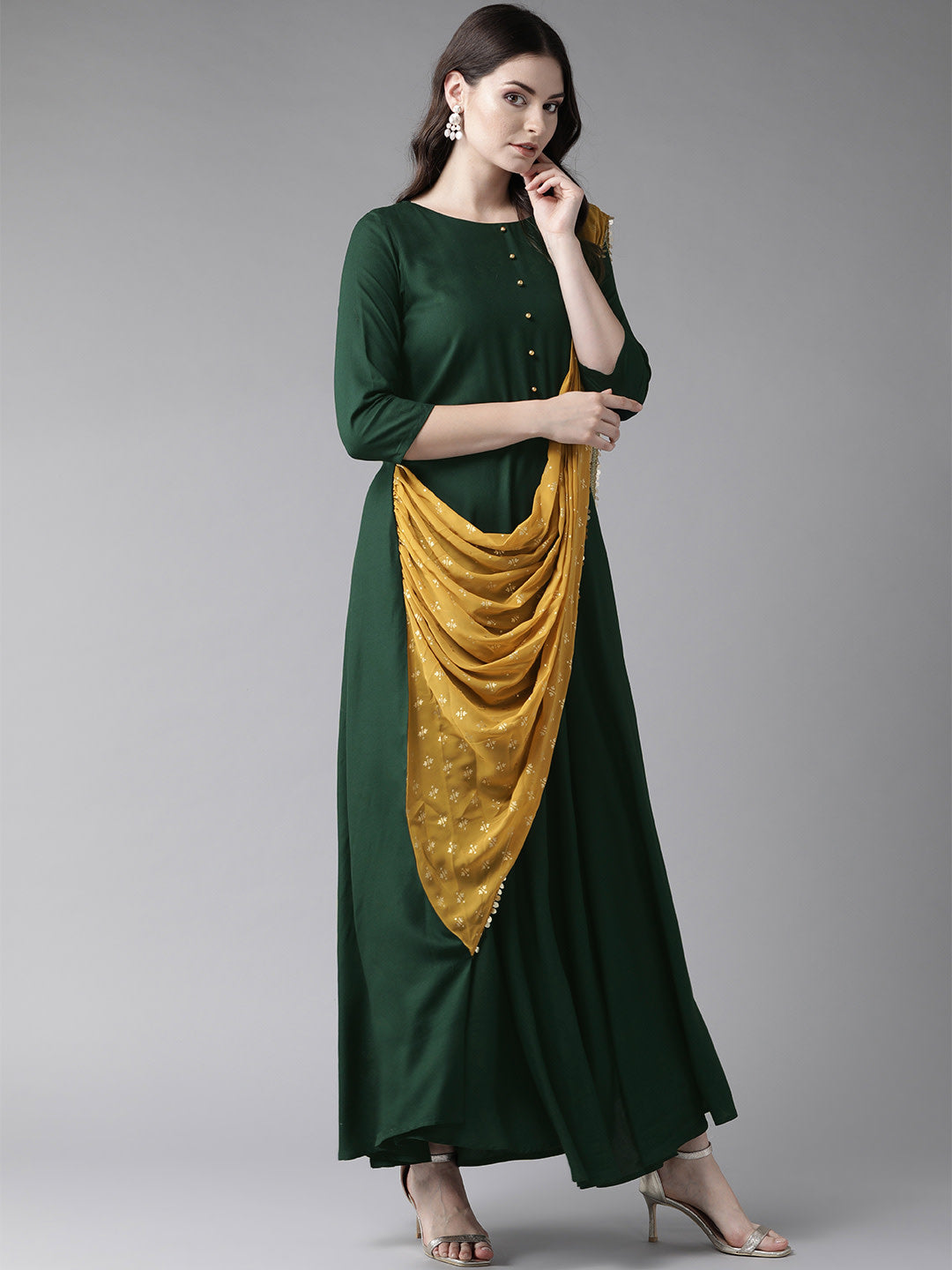 Green & Mustard Yellow Solid Maxi Dress With Attached Dupatta