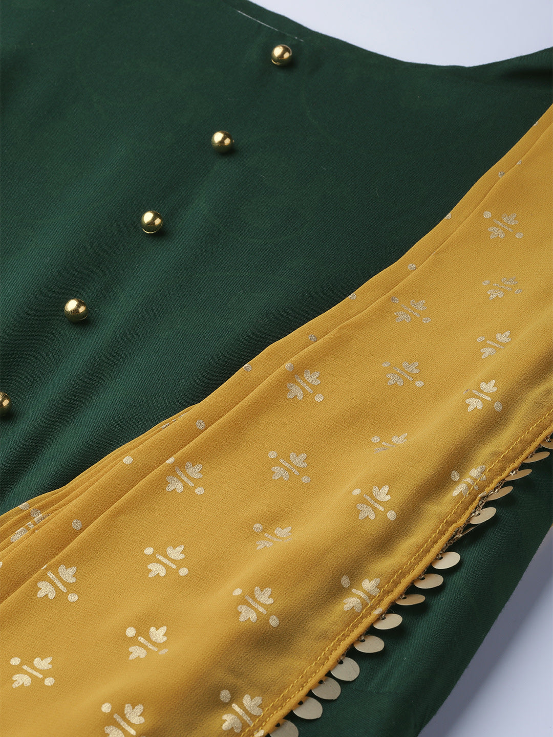 Green & Mustard Yellow Solid Maxi Dress With Attached Dupatta