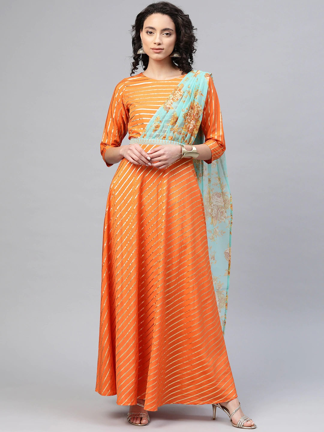 Ahalyaa Women Orange & Gold Ethnic Kurta  saree Dress