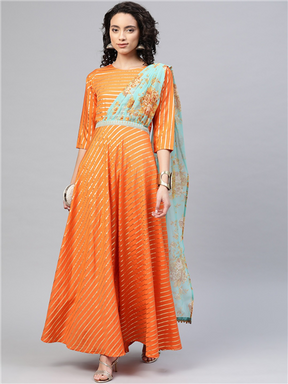 Orange & Gold Draped Ethnic Dress