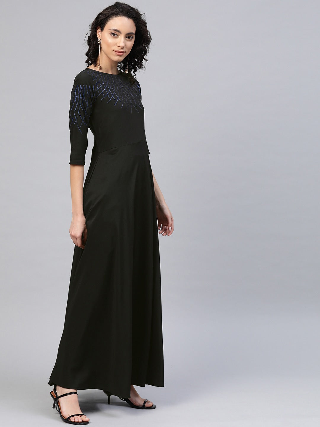 Black Printed Long Flared Ethnic Dress