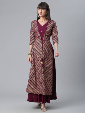 Wine Glitter Print Kurta With Jacket