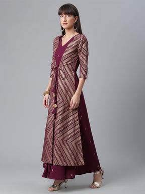 Wine Glitter Print Kurta With Jacket