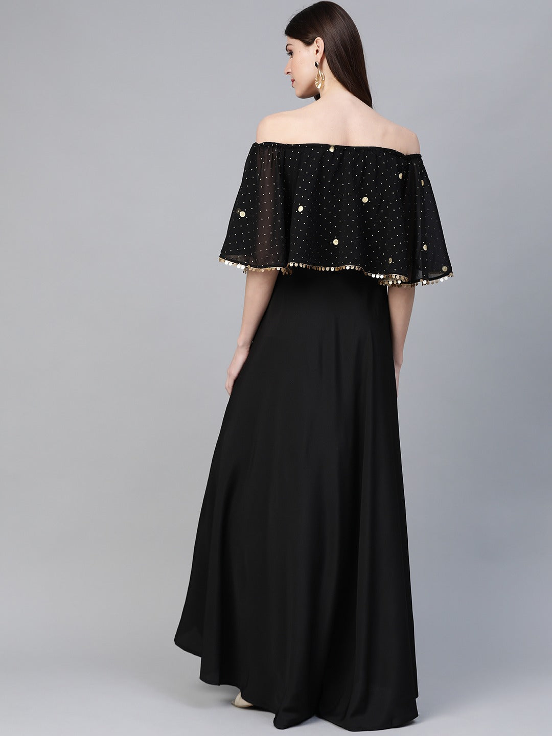 Women Black & Golden Foil Printed Detail Off-Shoulder Layered Maxi Dress