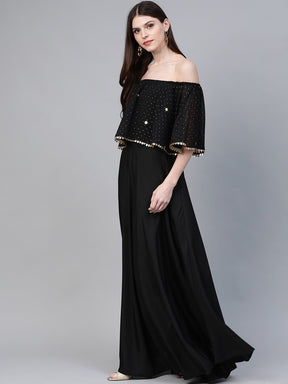 Black & Golden Foil Printed Detail Off-Shoulder Layered Maxi Dress