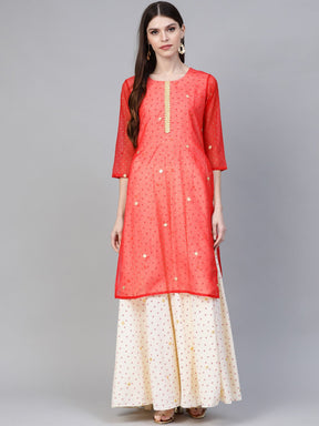Off White & Red Bandhani Foil Printed Layered Maxi Dress
