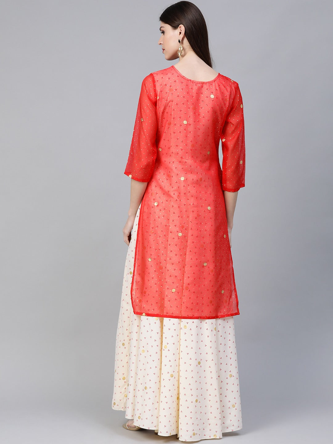 Off White & Red Bandhani Foil Printed Layered Maxi Dress