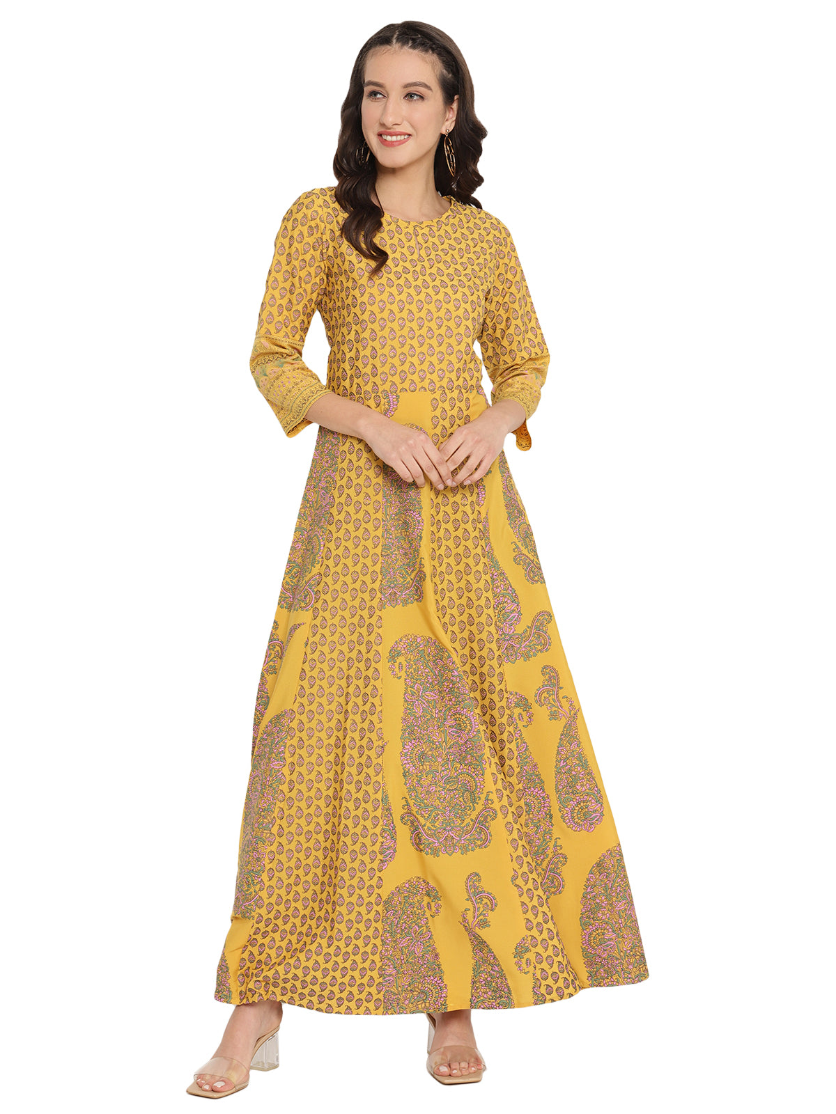 Mustard Yellow & Grey Printed Fit and Flare Maxi Dress