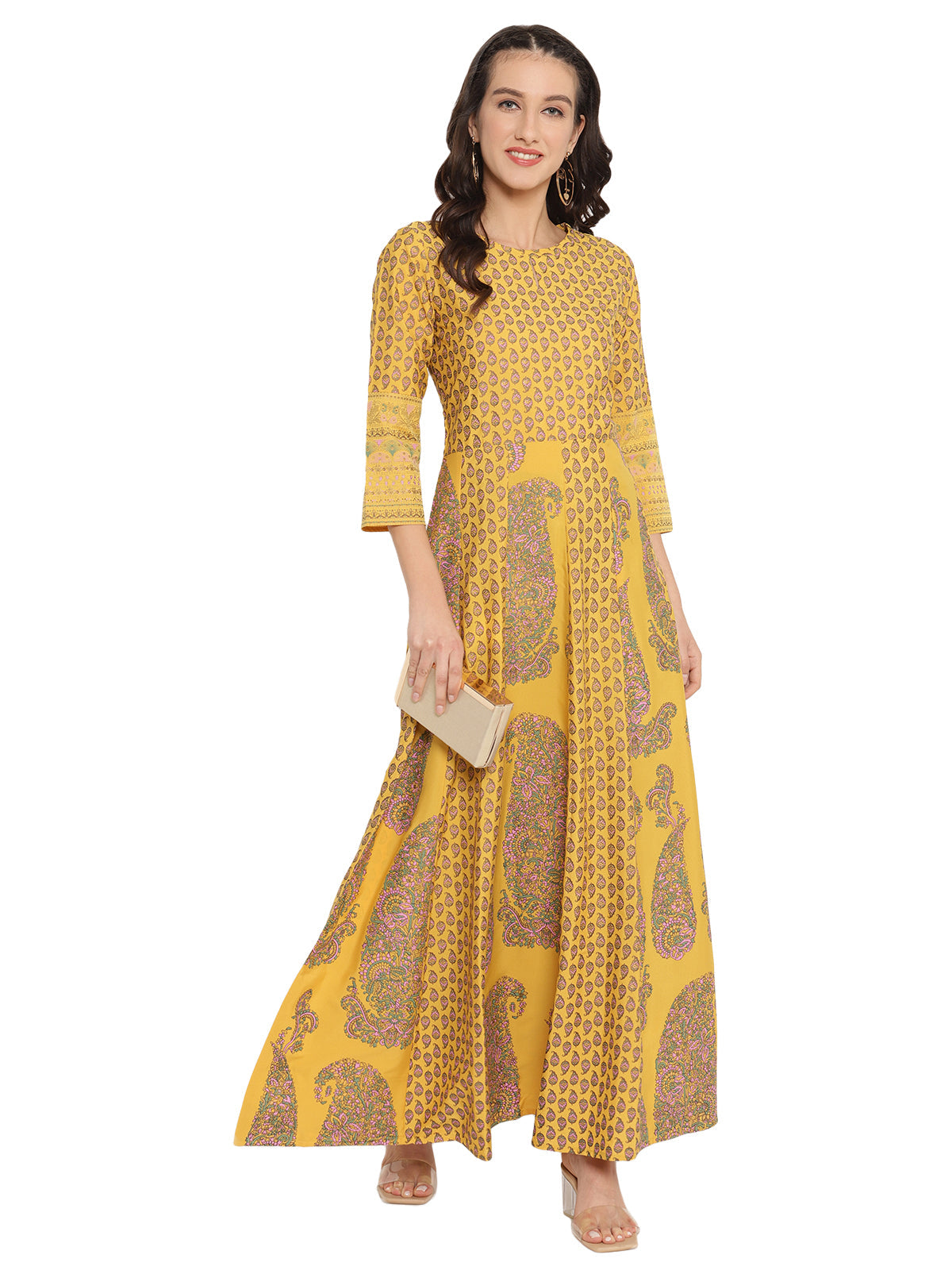 Mustard Yellow & Grey Printed Fit and Flare Maxi Dress