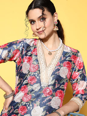 Navy Blue Floral Printed Kurta with Dhoti Pants
