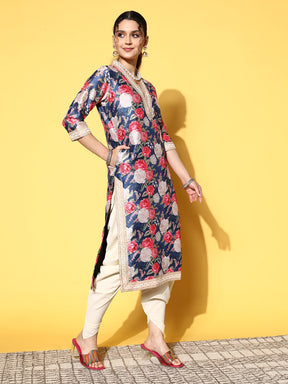 Navy Blue Floral Printed Kurta with Dhoti Pants