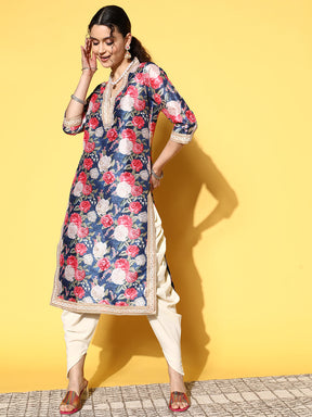 Navy Blue Floral Printed Kurta with Dhoti Pants