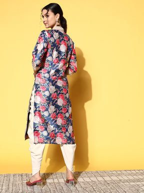 Navy Blue Floral Printed Kurta with Dhoti Pants