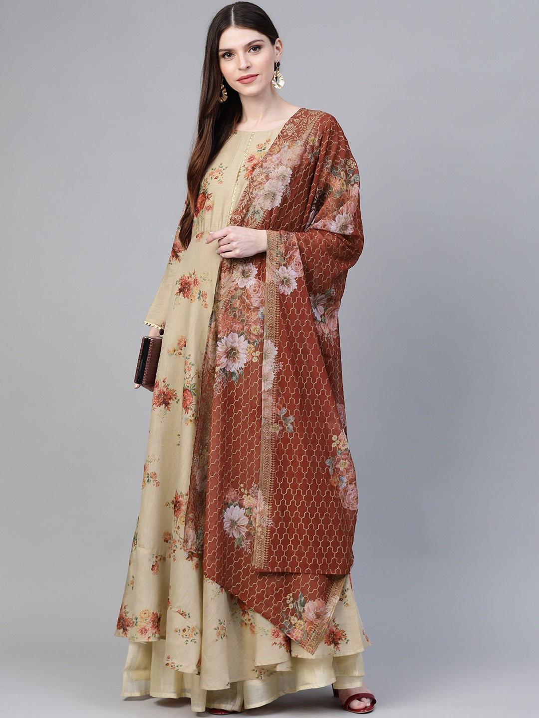 Beige & Brown Floral Printed Anarkali Kurta Dress with Dupatta