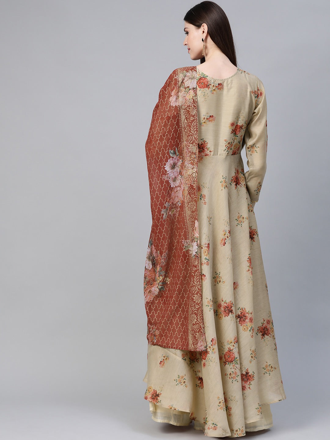 Beige & Brown Floral Printed Anarkali Kurta Dress with Dupatta