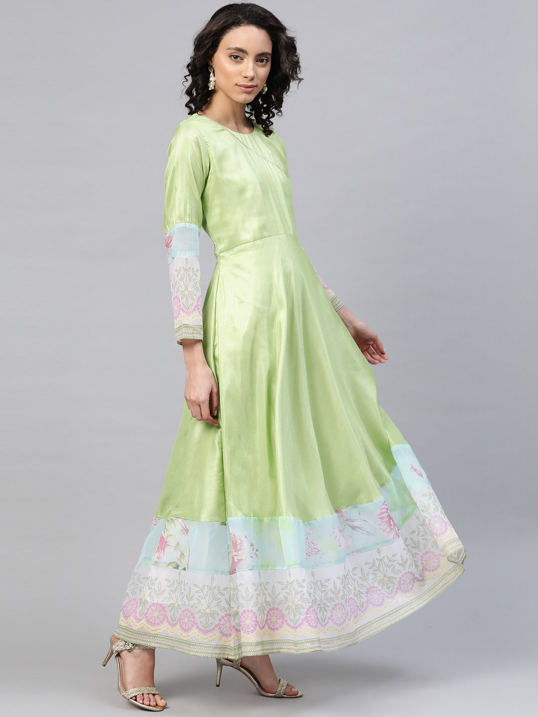 Lime Green & Blue Solid Angrakha Kurta Dress With Printed Dupatta