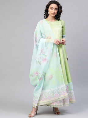 Lime Green & Blue Solid Angrakha Kurta Dress With Printed Dupatta