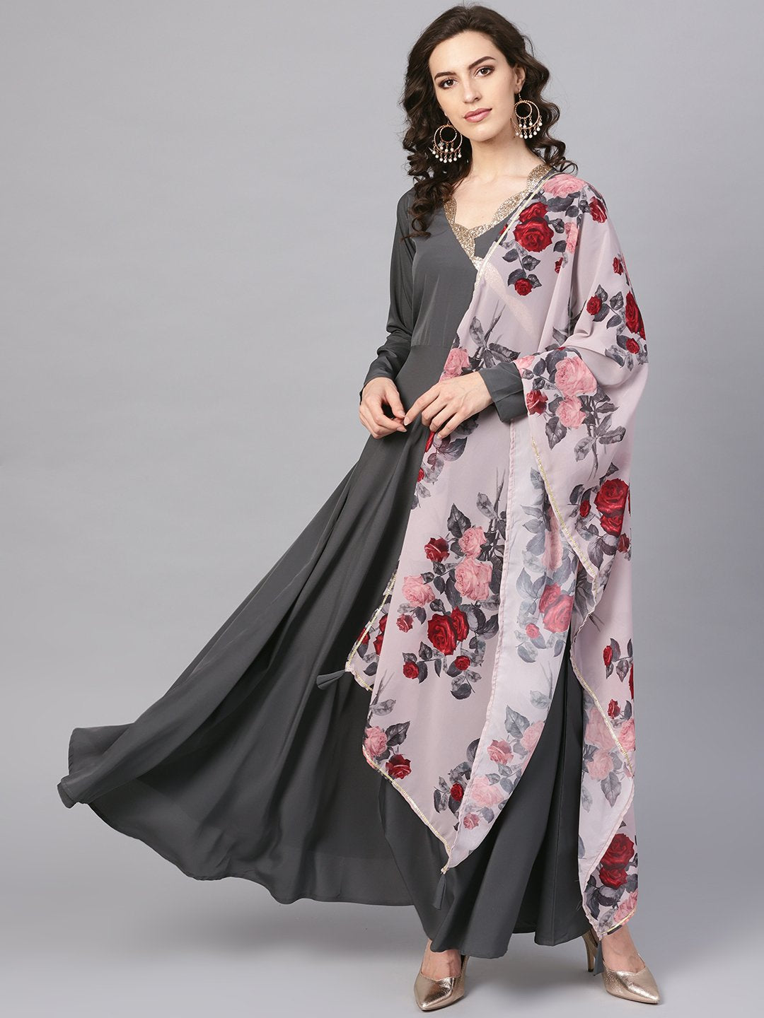 Grey Solid Flared Hem Ethnic Dress with Printed Dupatta