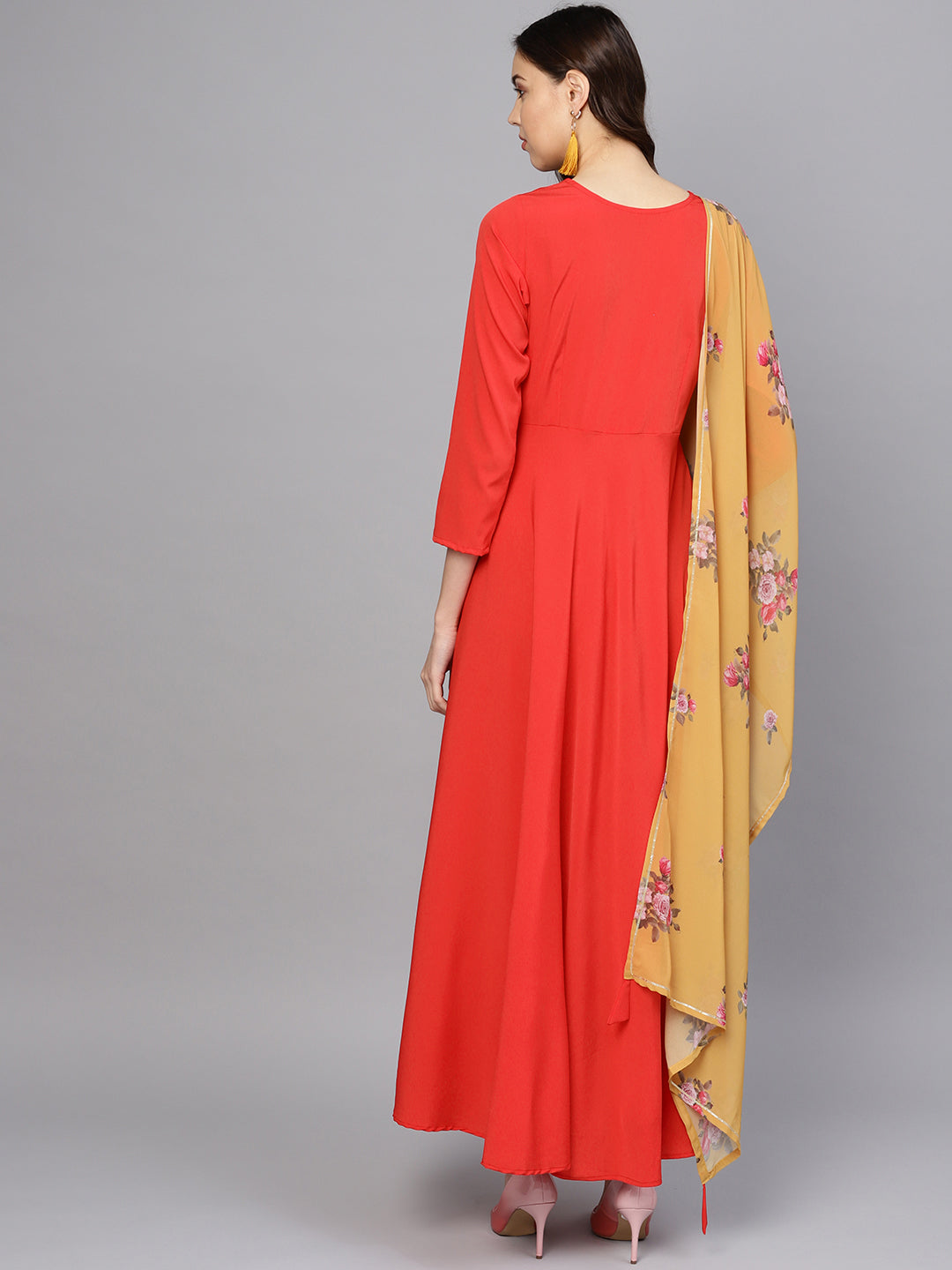Red Solid Angrakha A-Line Dress with Dupatta
