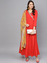 Ahalyaa Women Red Mustard Yellow Solid Angrakha A-Line Dress with Dupatta