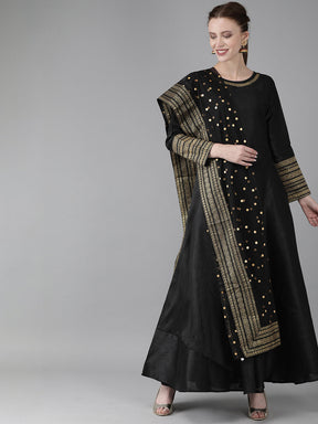 Black Solid Dress with Printed Dupatta Set