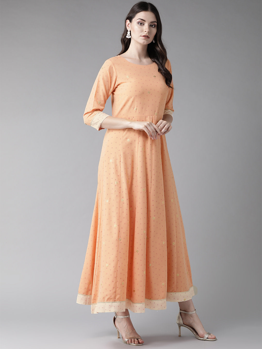 Peach & Rust Orange Printed Maxi Dress With Dupatta