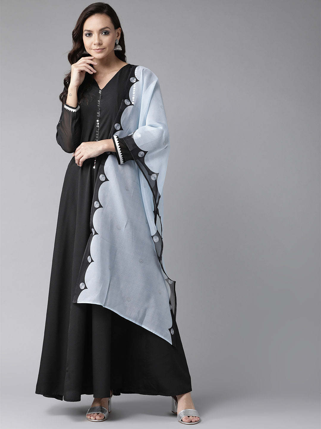 Black Solid Maxi Dress With Dupatta