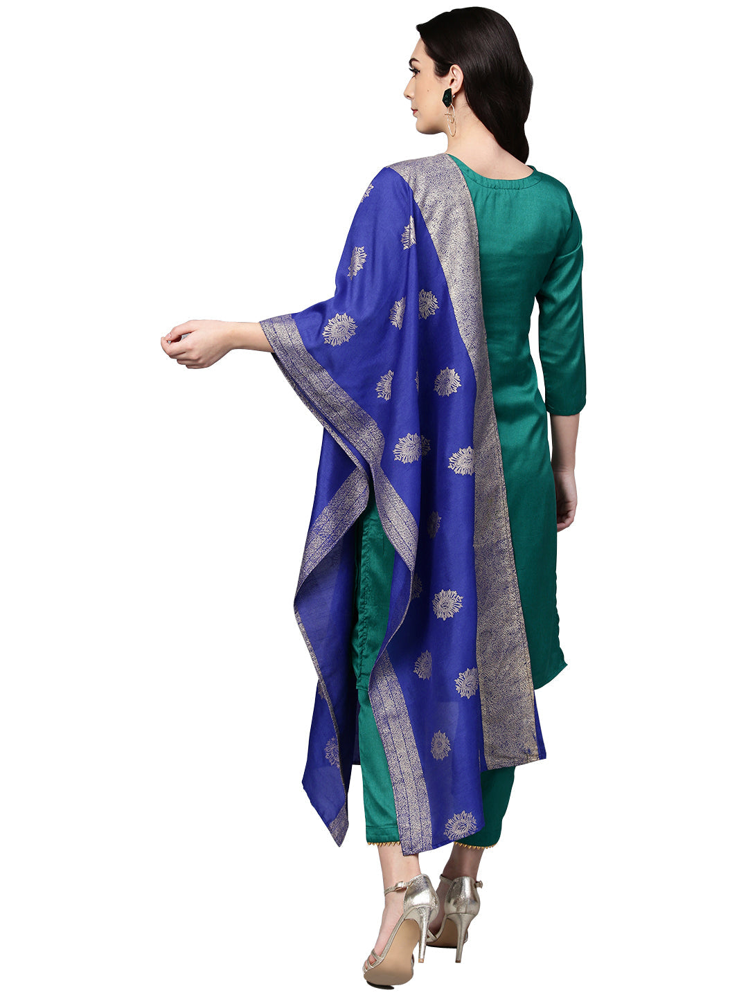 Green Solid Kurta with Trousers & Printed Dupatta