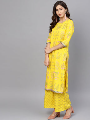 Yellow & Pink Printed Kurta with Palazzos & Dupatta
