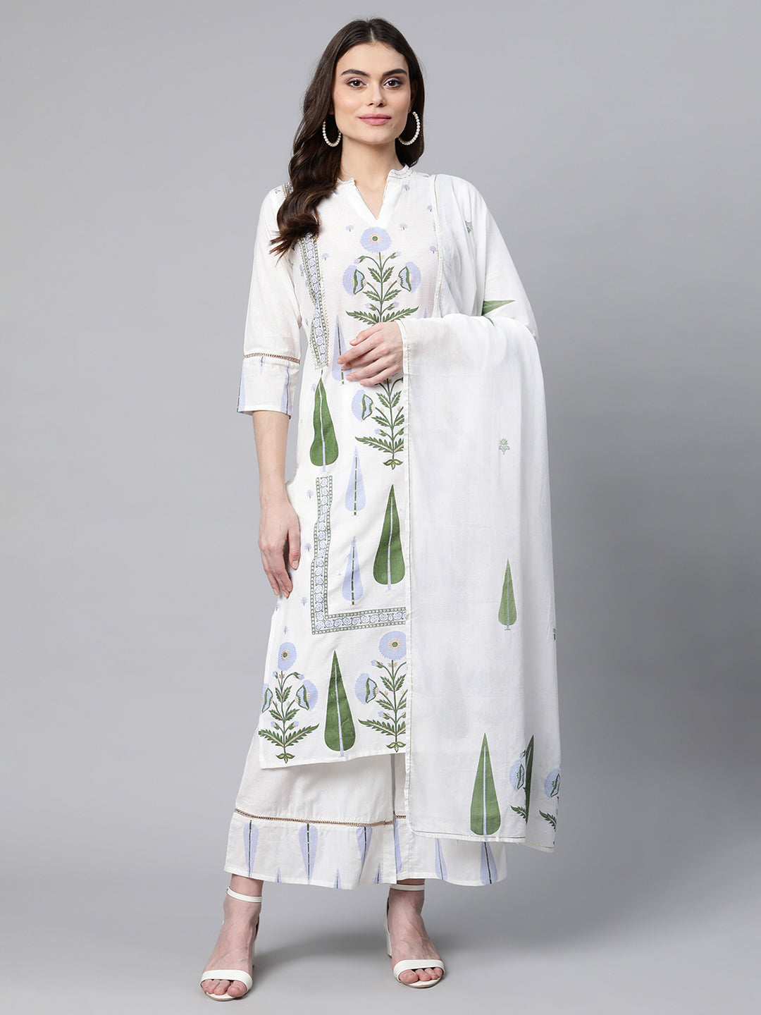 Ahalyaa Women Off White Colour Pure Cotton Printed Kurta Palazzo Set With Dupatta