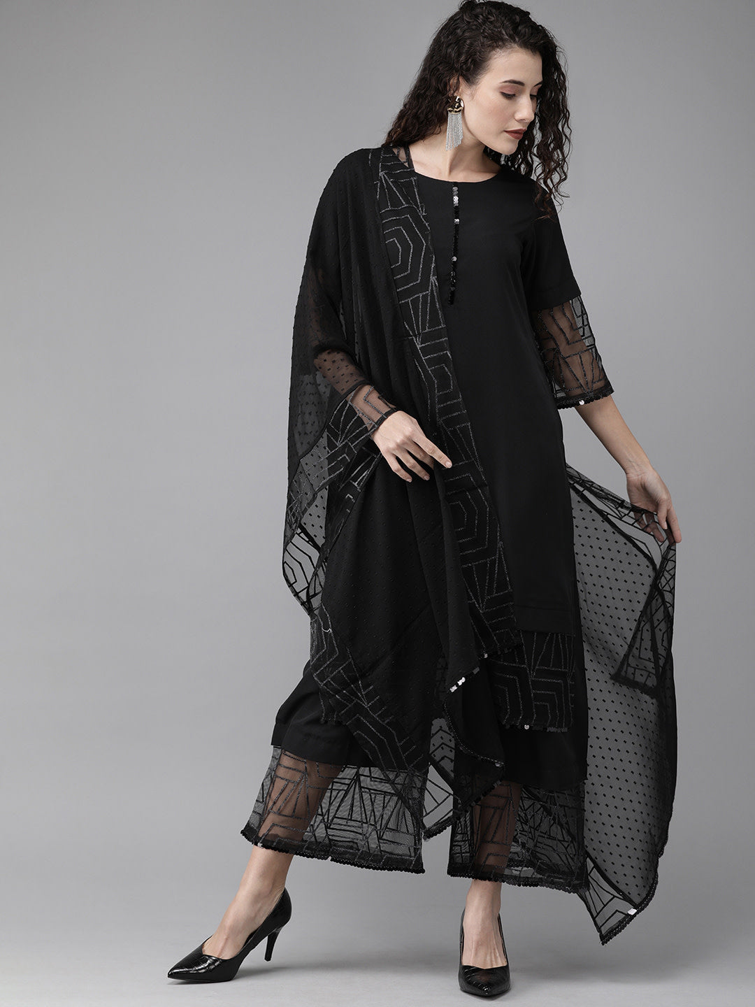 Black Embellished Kurta with Palazzos & Dupatta