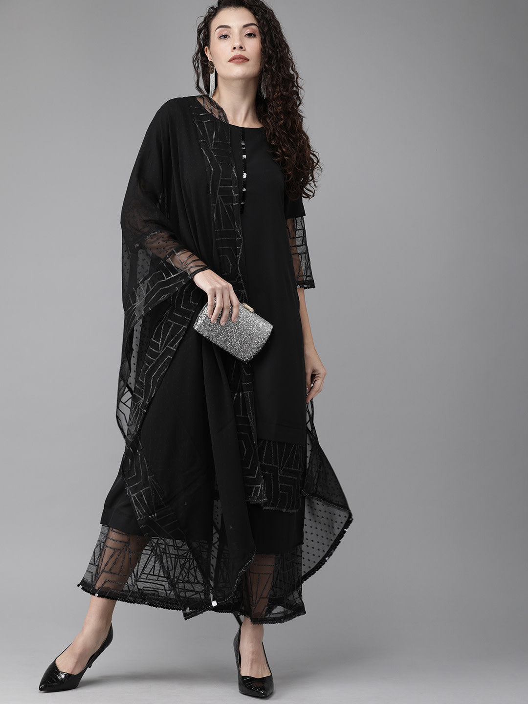 Black Embellished Kurta with Palazzos & Dupatta