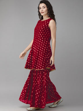 Women's Maroon & Gold-Toned Printed Sharara Set With Dupatta