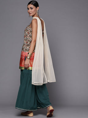 Women's Green & Red Printed Sharara Set With Dupatta