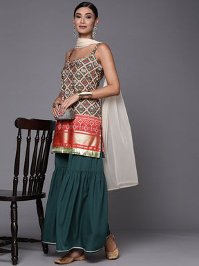 Women's Green & Red Printed Sharara Set With Dupatta