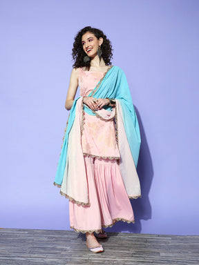 Women's Pink Floral Printed Sharara Set With Dupatta